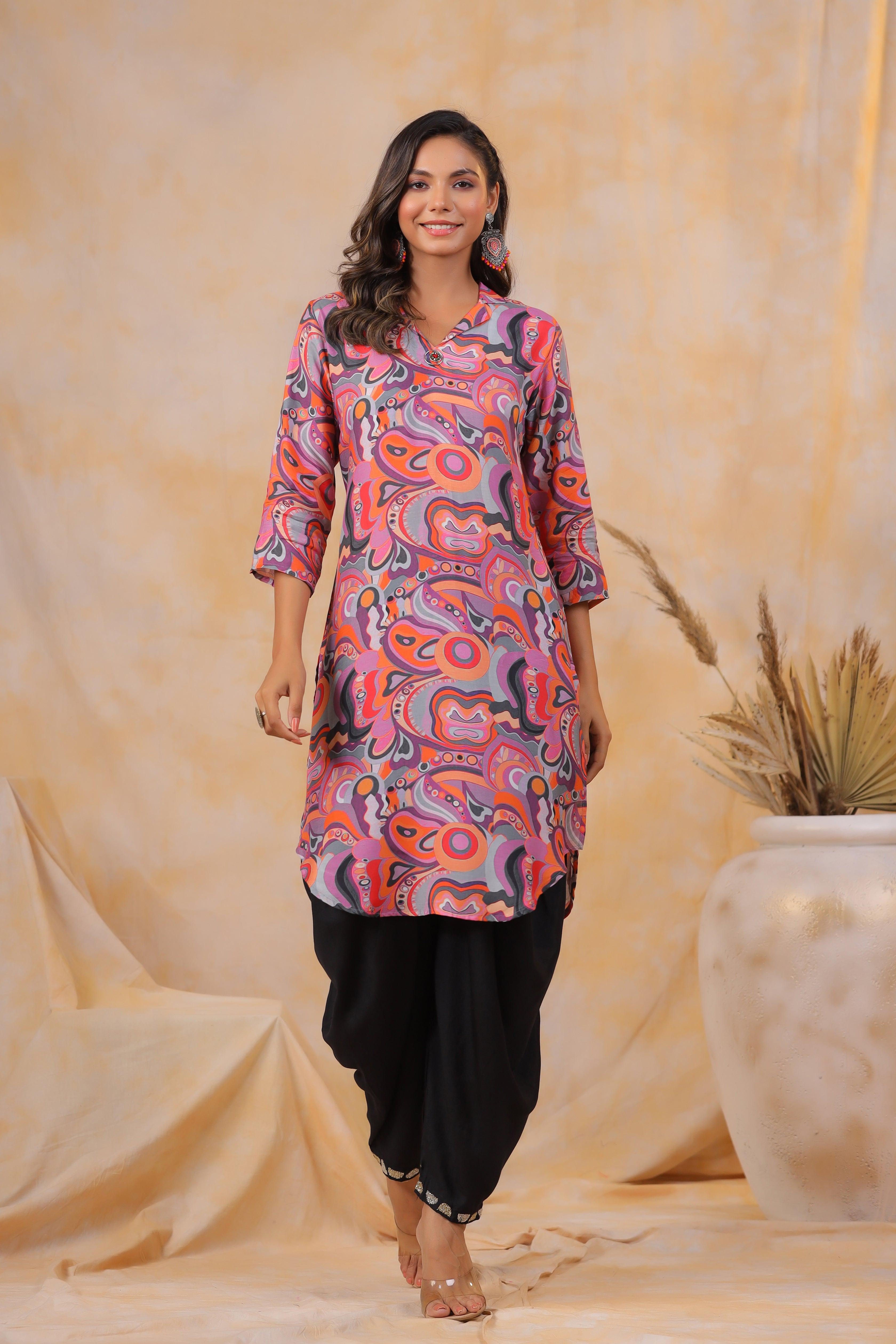 Multi Abstrac Printed Shawl Collar Kurta With Tulip Dhoti Pants