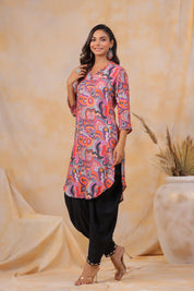 Multi Abstrac Printed Shawl Collar Kurta With Tulip Dhoti Pants