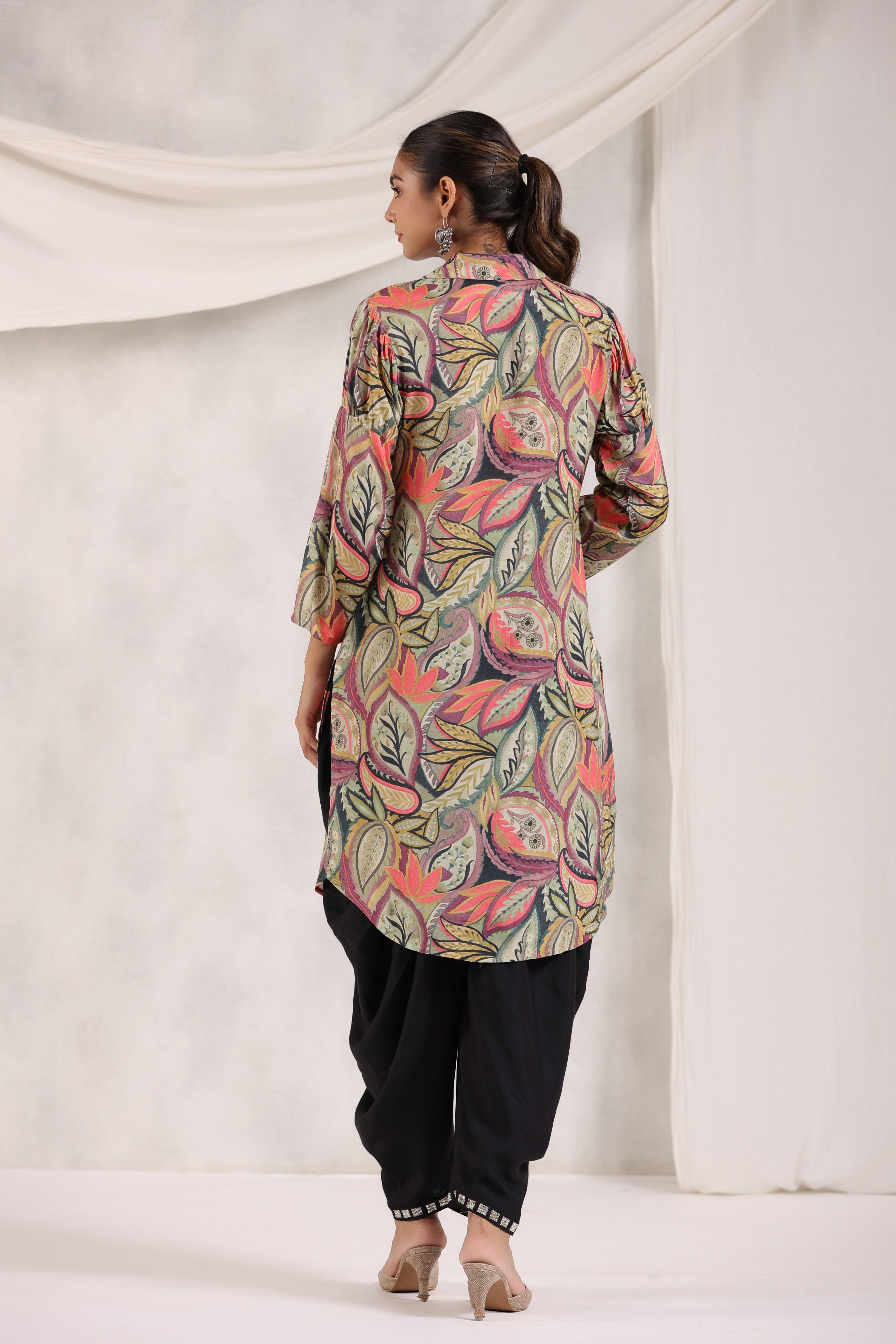 Multi Color Bold Leaf Printed Shawl Collar Kurta With Tulip Dhoti Pants