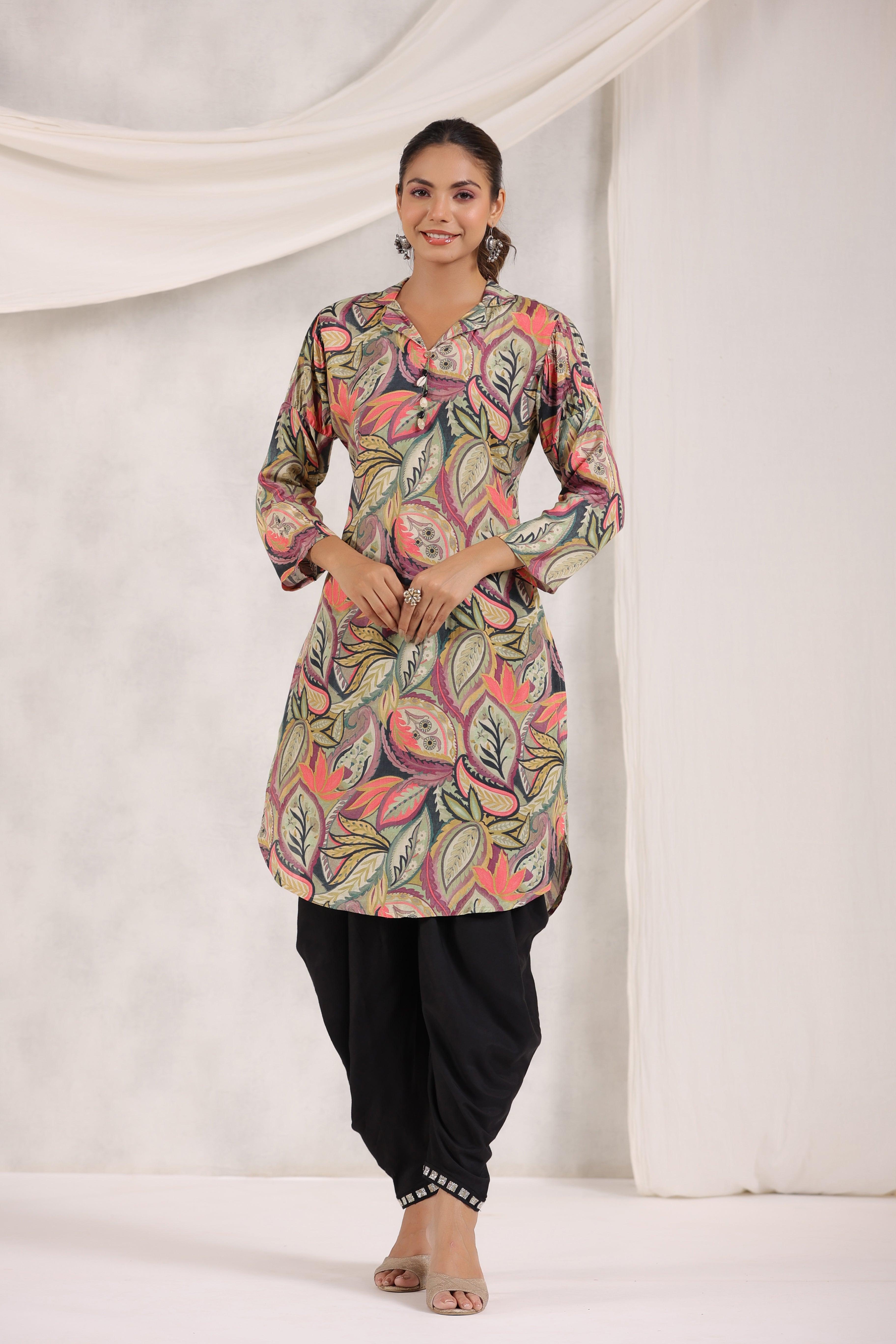 Multi Color Bold Leaf Printed Shawl Collar Kurta With Tulip Dhoti Pants