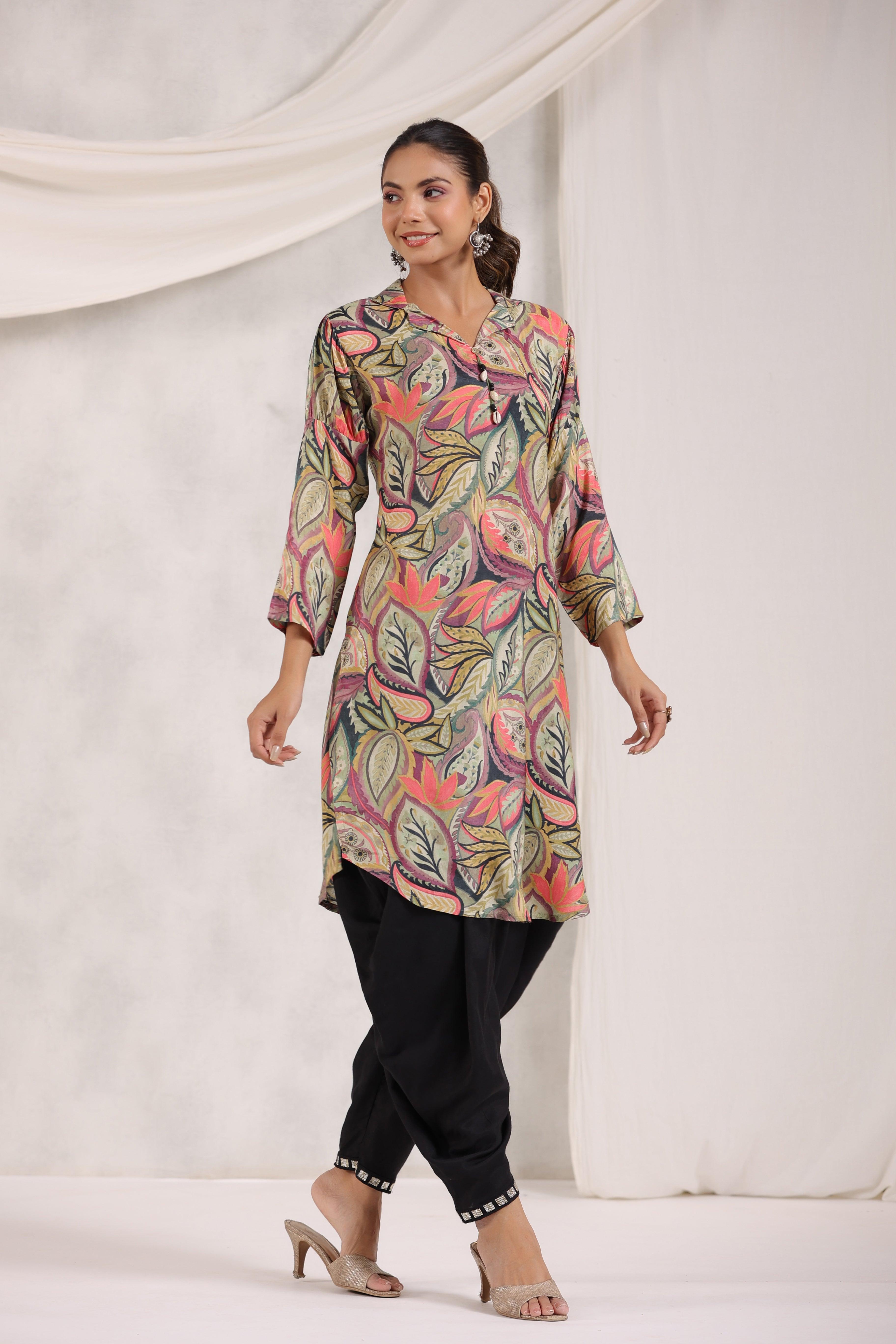 Multi Color Bold Leaf Printed Shawl Collar Kurta With Tulip Dhoti Pants