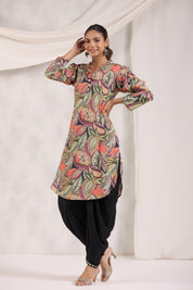 Multi Color Bold Leaf Printed Shawl Collar Kurta With Tulip Dhoti Pants