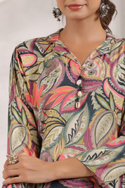 Multi Color Bold Leaf Printed Shawl Collar Kurta With Tulip Dhoti Pants