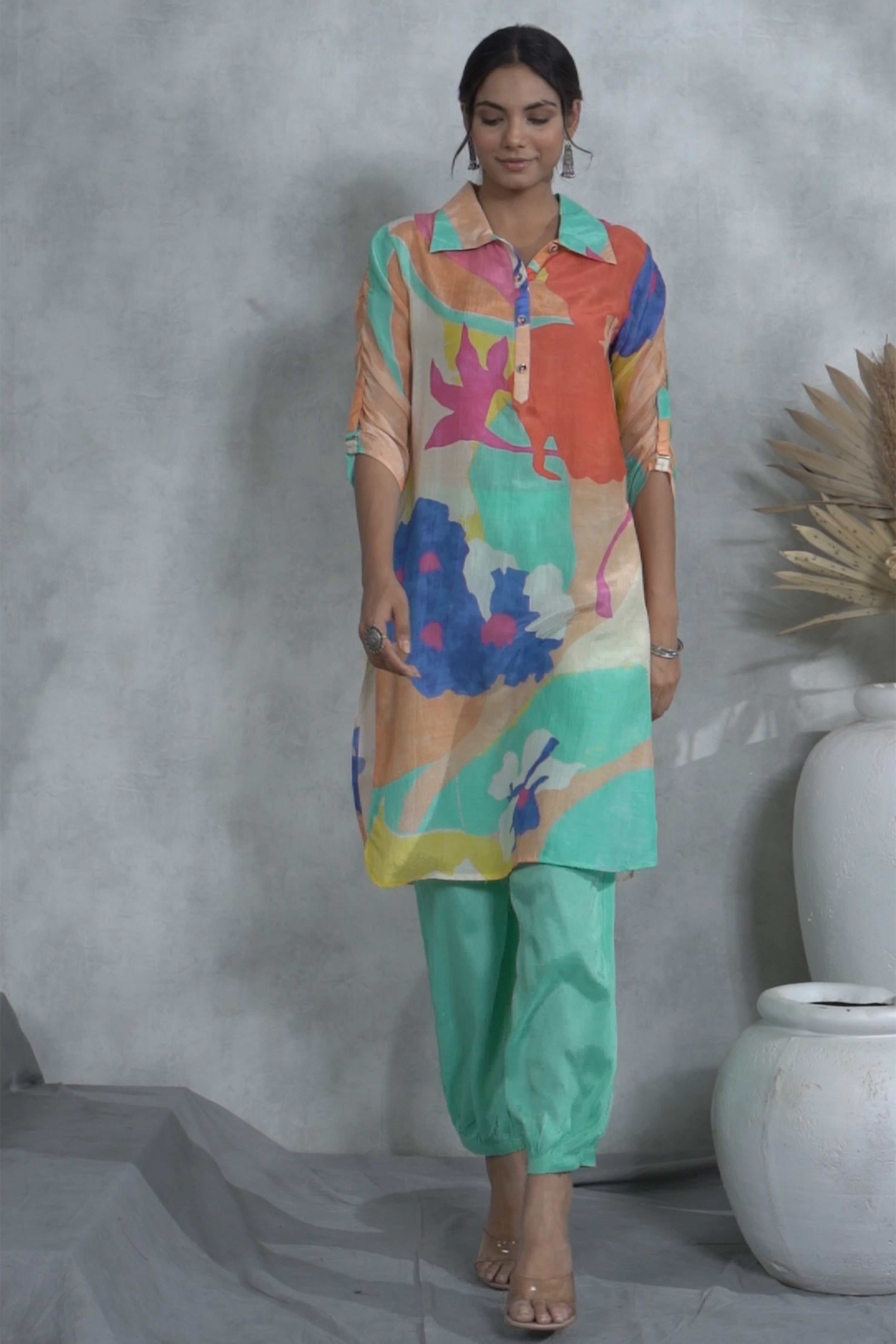 Sea Green Abstract Printed Shirt Style Kurta With Indowestern Salvar