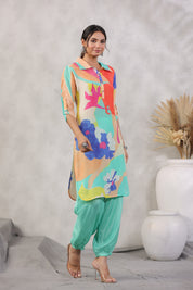 Sea Green Abstract Printed Shirt Style Kurta With Indowestern Salvar