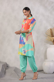 Sea Green Abstract Printed Shirt Style Kurta With Indowestern Salvar