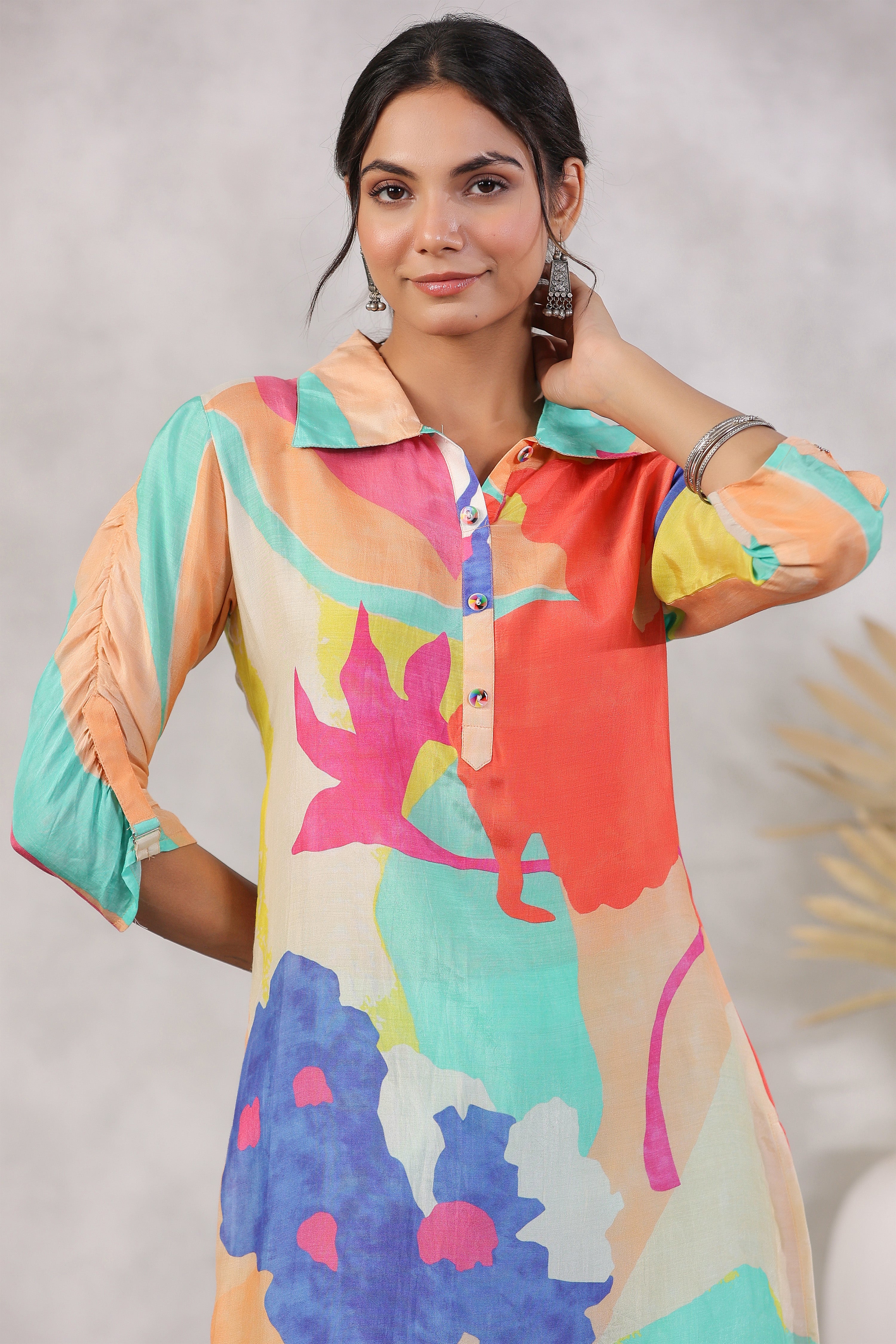 Sea Green Abstract Printed Shirt Style Kurta With Indowestern Salvar