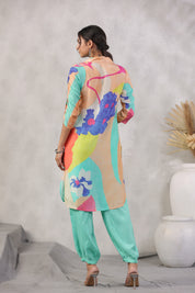 Sea Green Abstract Printed Shirt Style Kurta With Indowestern Salvar