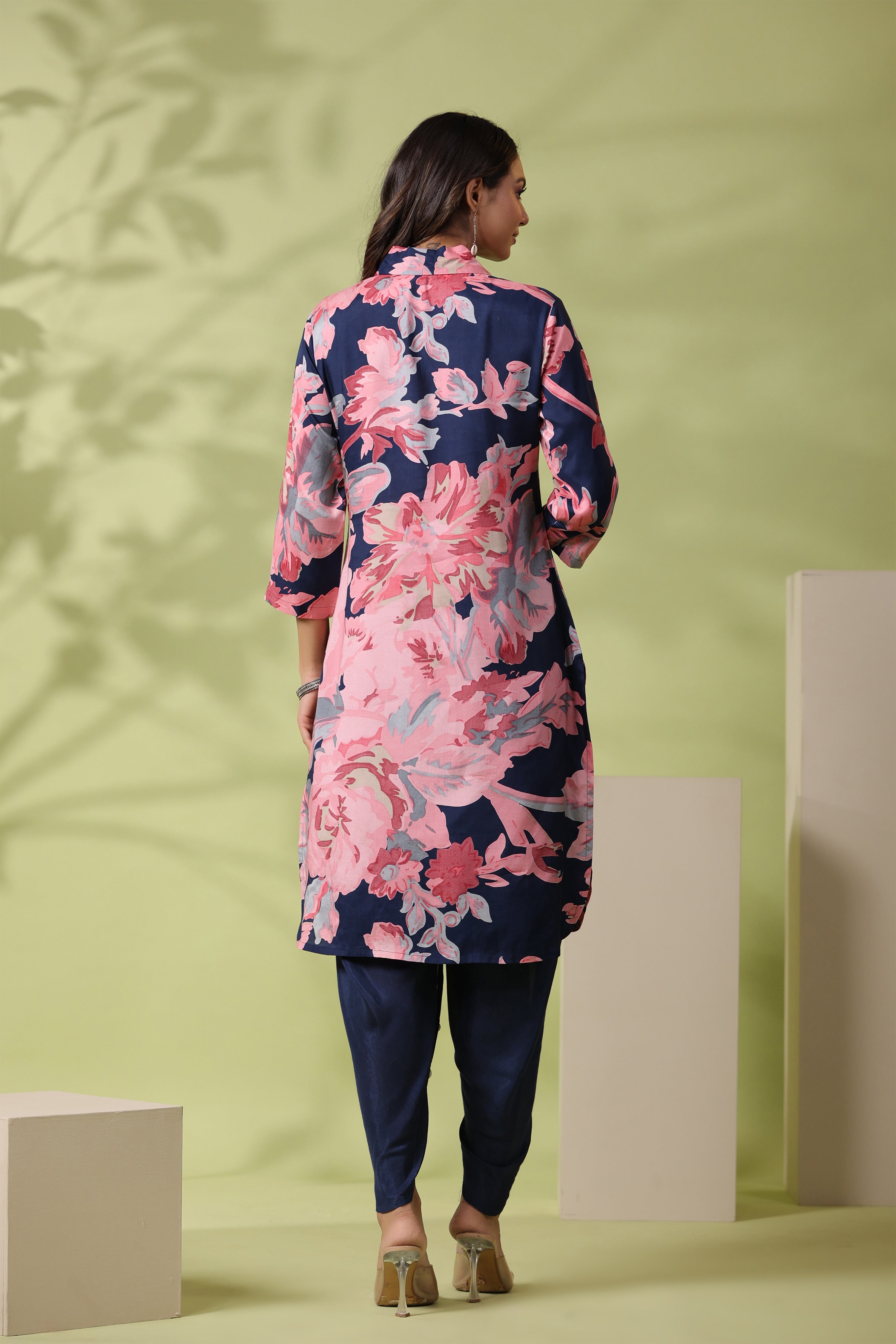 Navy Blue and Pink Bold Floral Printed Muslin Kurta With Tulip Pants