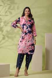 Navy Blue and Pink Bold Floral Printed Muslin Kurta With Tulip Pants