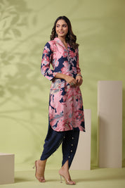 Navy Blue and Pink Bold Floral Printed Muslin Kurta With Tulip Pants