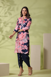 Navy Blue and Pink Bold Floral Printed Muslin Kurta With Tulip Pants