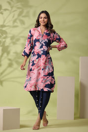 Navy Blue and Pink Bold Floral Printed Muslin Kurta With Tulip Pants