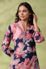 Navy Blue and Pink Bold Floral Printed Muslin Kurta With Tulip Pants