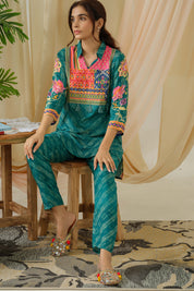 Garima Green Muslin Co-ord Set with Front Tassels