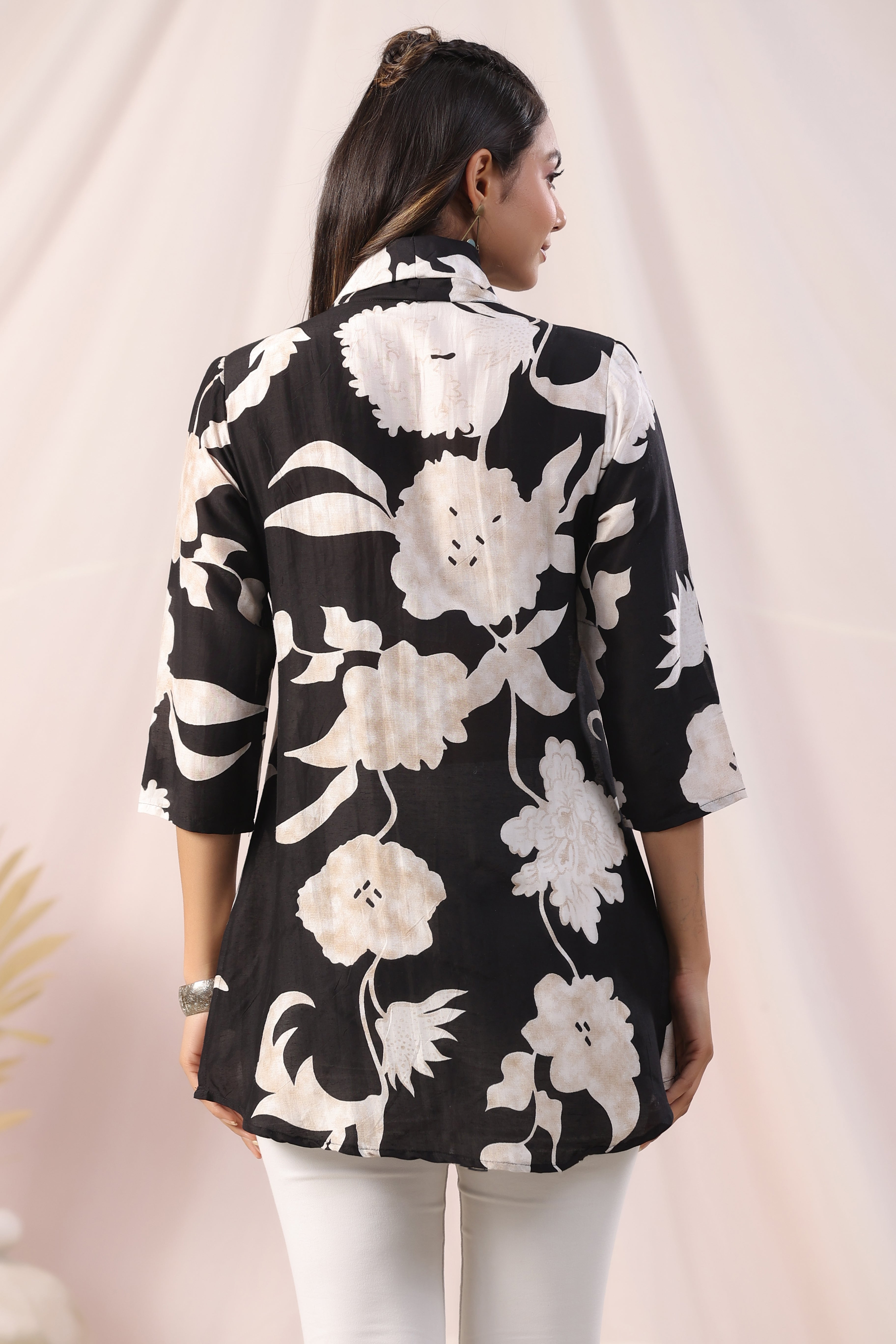 Black Floral Bird Print Motif Placket  Russian Silk Tunic