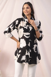 Black Floral Bird Print Motif Placket  Russian Silk Tunic