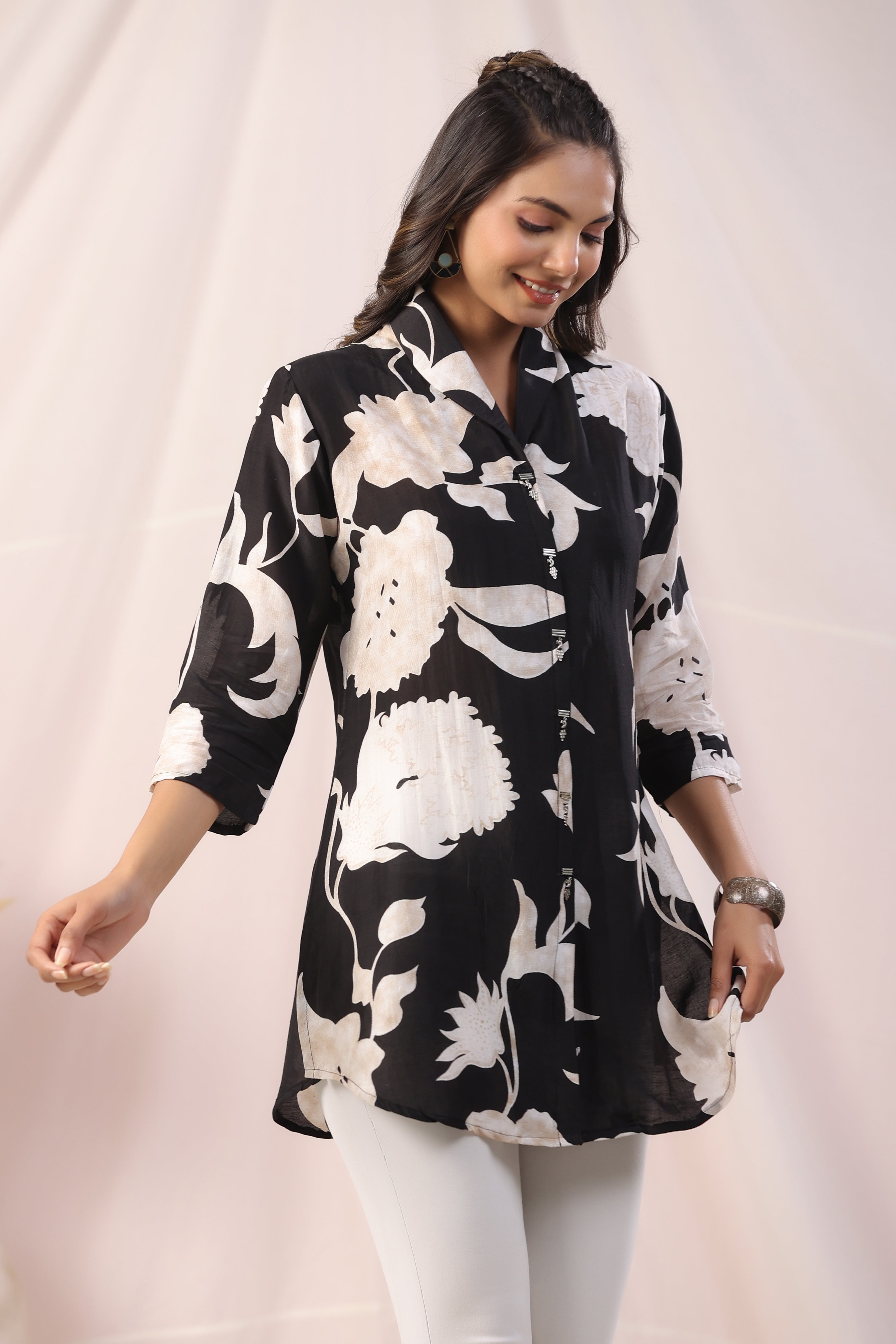 Black Floral Bird Print Motif Placket  Russian Silk Tunic