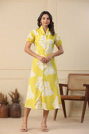 Lemon Russian Silk Floral Printed Midi Dress