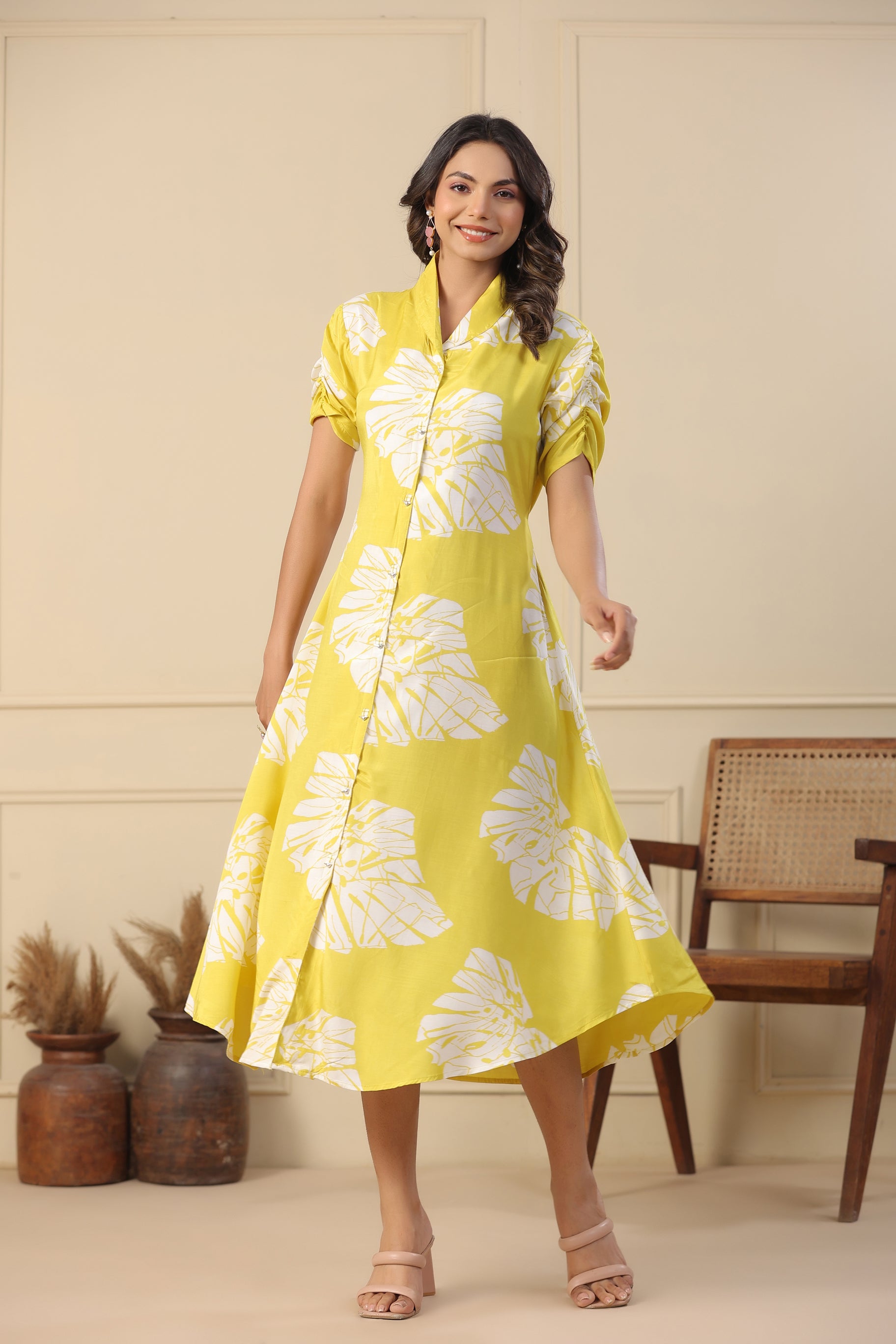 Lemon Russian Silk Floral Printed Midi Dress