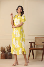 Lemon Russian Silk Floral Printed Midi Dress