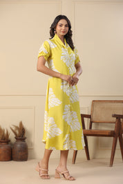 Lemon Russian Silk Floral Printed Midi Dress