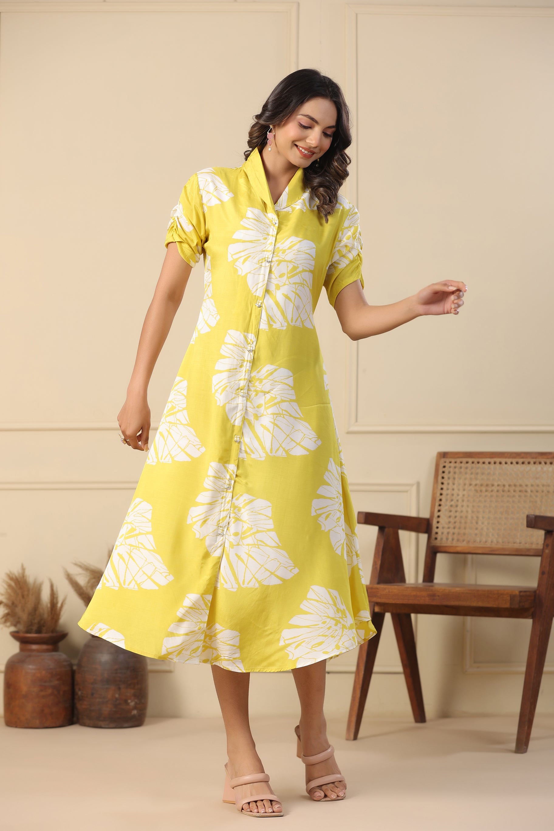 Lemon Russian Silk Floral Printed Midi Dress