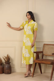 Lemon Russian Silk Floral Printed Midi Dress