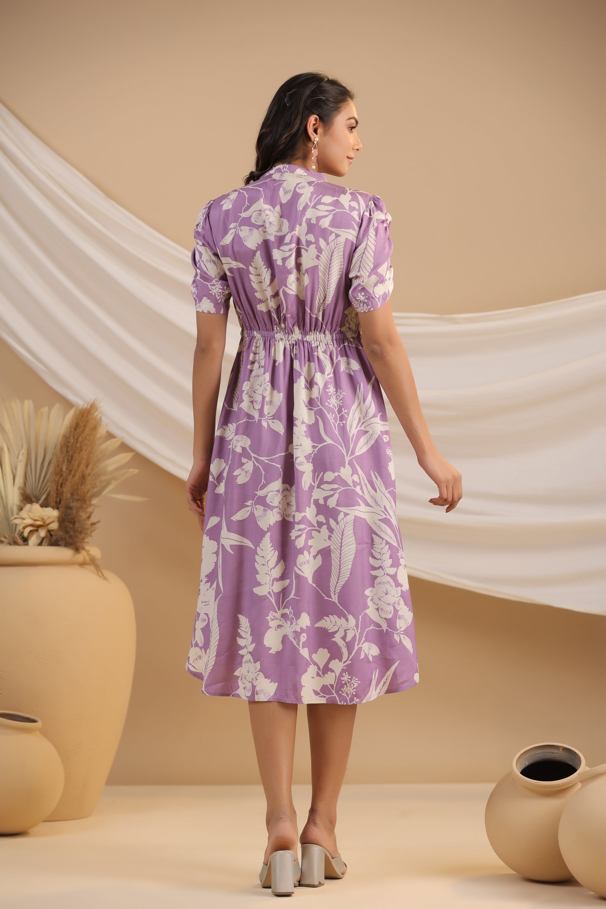 Lavender Russian Silk Floral  Printed Midi Dress