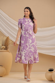 Lavender Russian Silk Floral  Printed Midi Dress