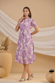 Lavender Russian Silk Floral  Printed Midi Dress