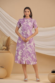 Lavender Russian Silk Floral  Printed Midi Dress