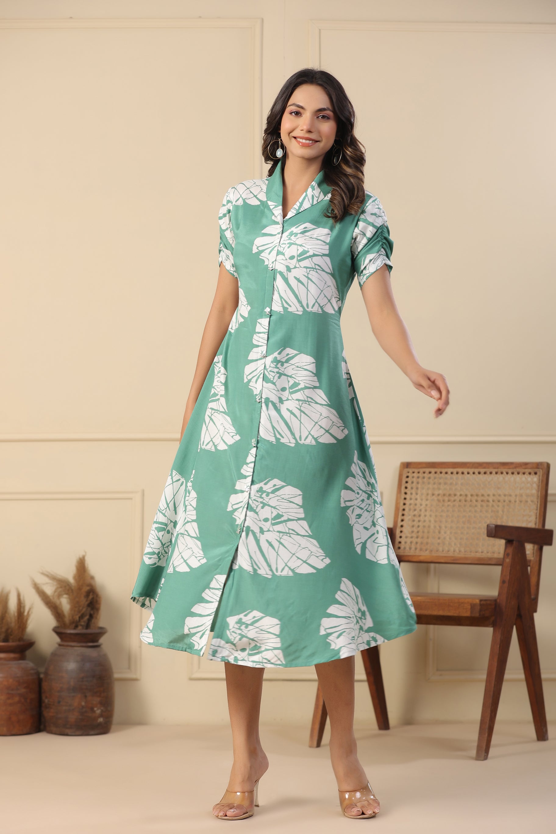 Mint Green Russian Silk Floral  Printed Midi Dress