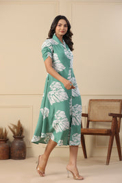 Mint Green Russian Silk Floral  Printed Midi Dress