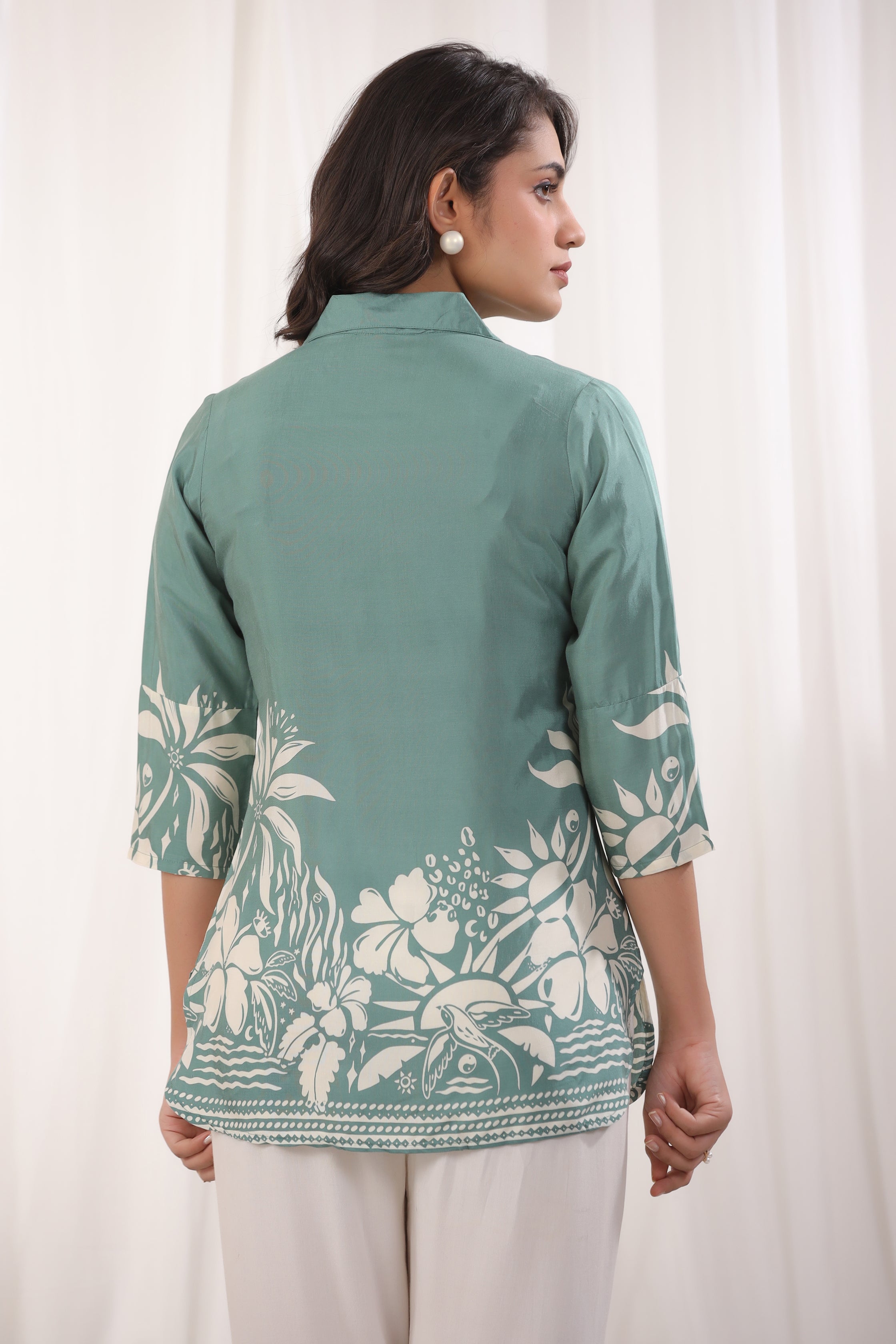 Sage Green Russian Silk Floral Printed Top