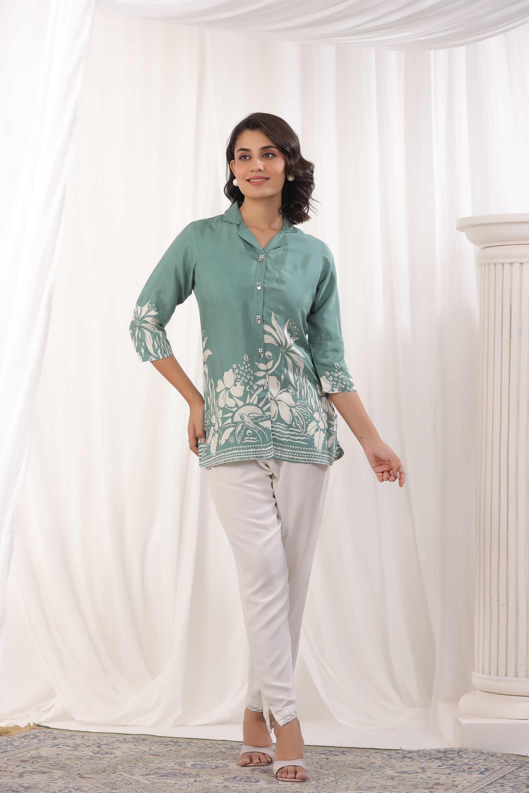 Sage Green Russian Silk Floral Printed Top