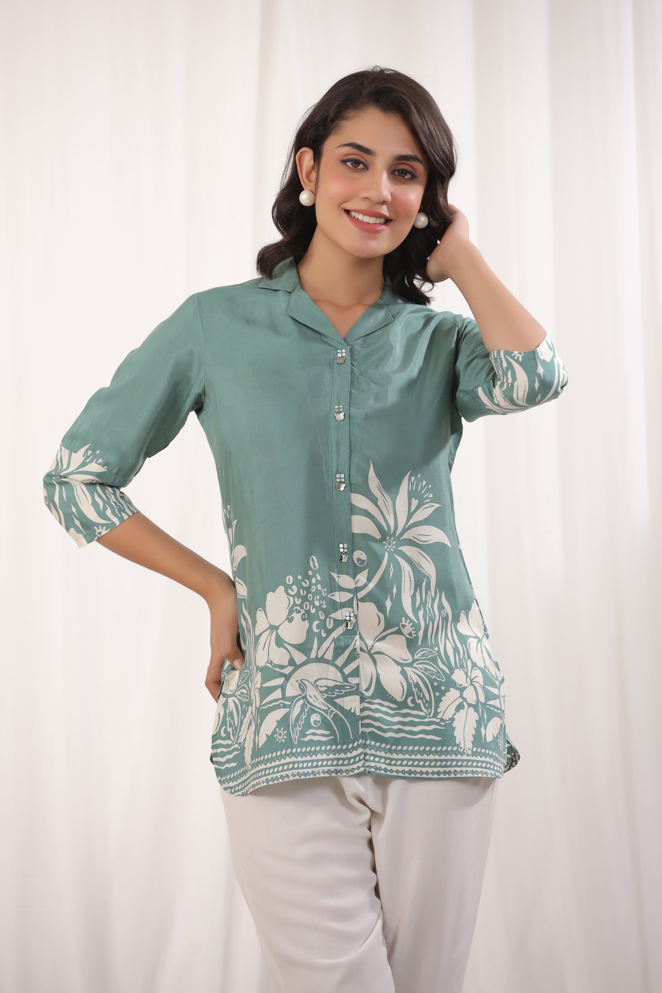 Sage Green Russian Silk Floral Printed Top