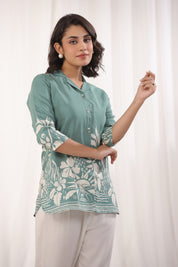 Sage Green Russian Silk Floral Printed Top