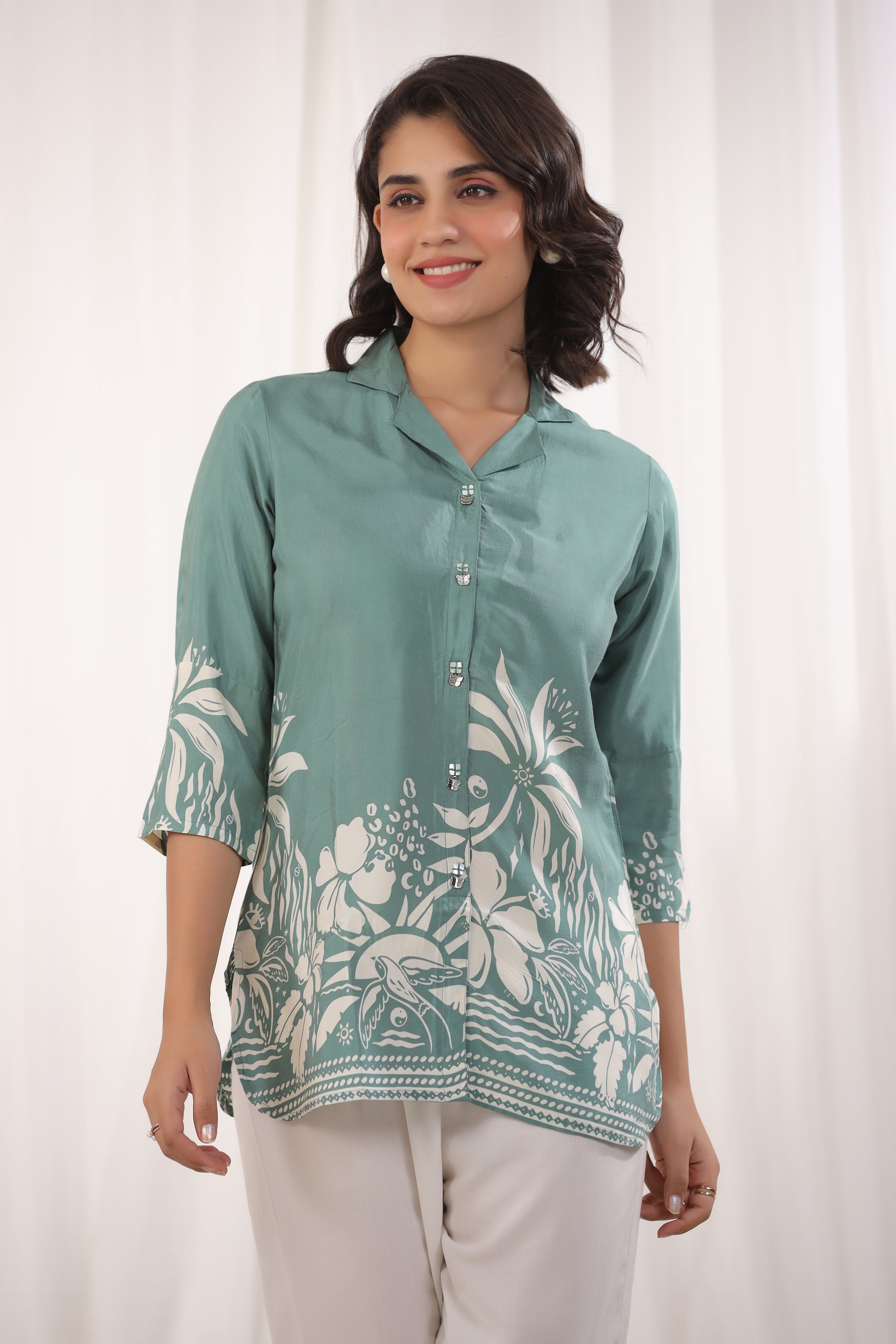 Sage Green Russian Silk Floral Printed Top