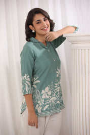 Sage Green Russian Silk Floral Printed Top