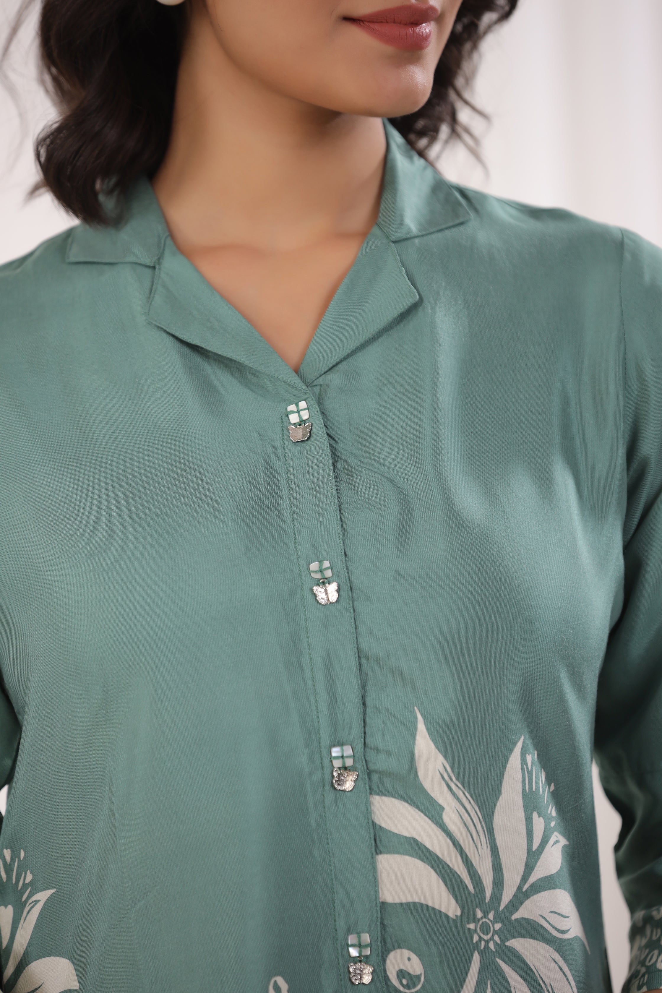 Sage Green Russian Silk Floral Printed Top