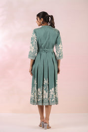 Sage Green Russian Silk Floral  Printed Midi Dress