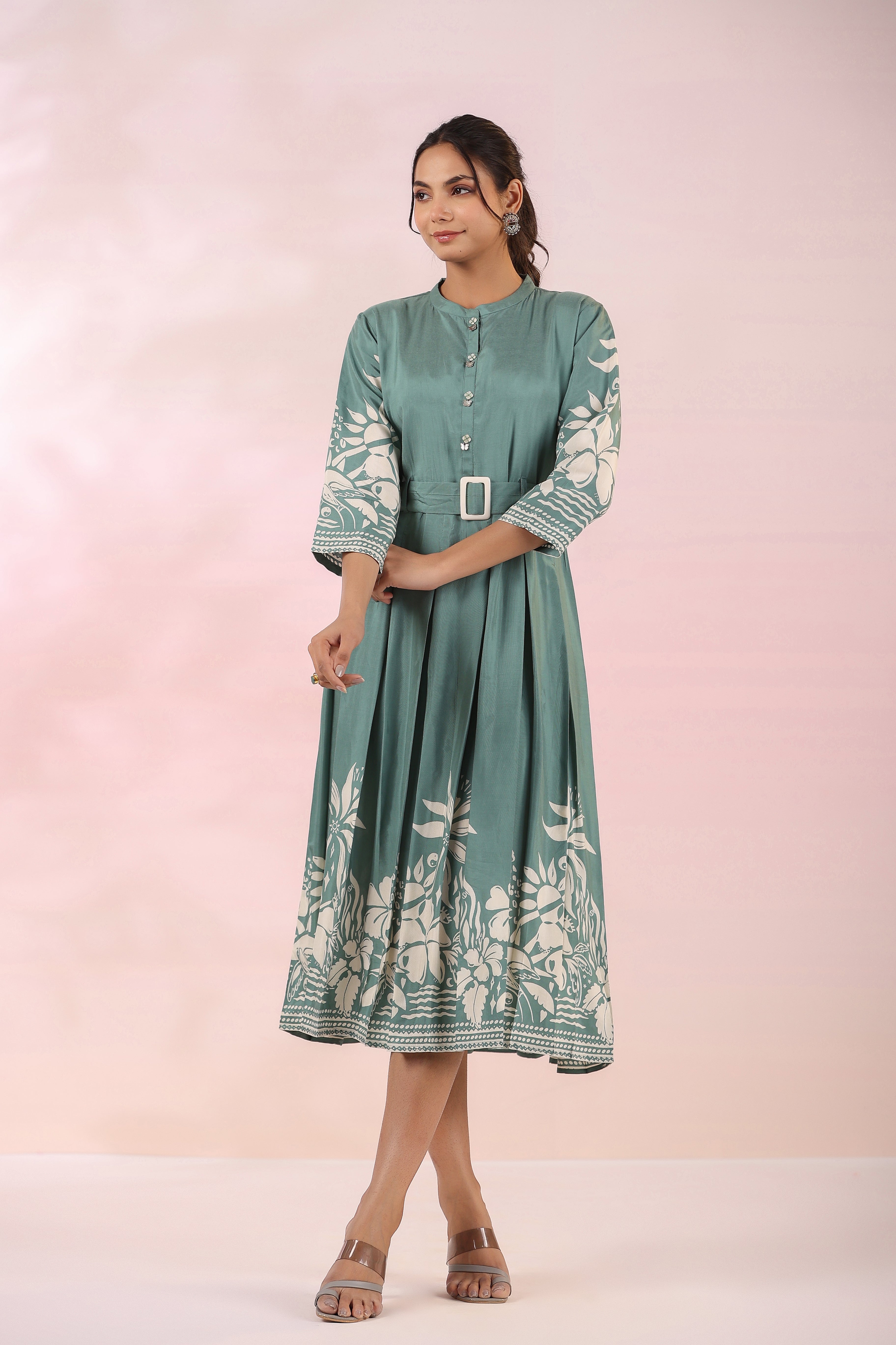 Sage Green Russian Silk Floral  Printed Midi Dress