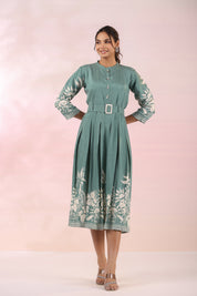 Sage Green Russian Silk Floral  Printed Midi Dress