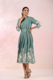 Sage Green Russian Silk Floral  Printed Midi Dress