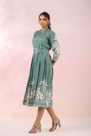 Sage Green Russian Silk Floral  Printed Midi Dress