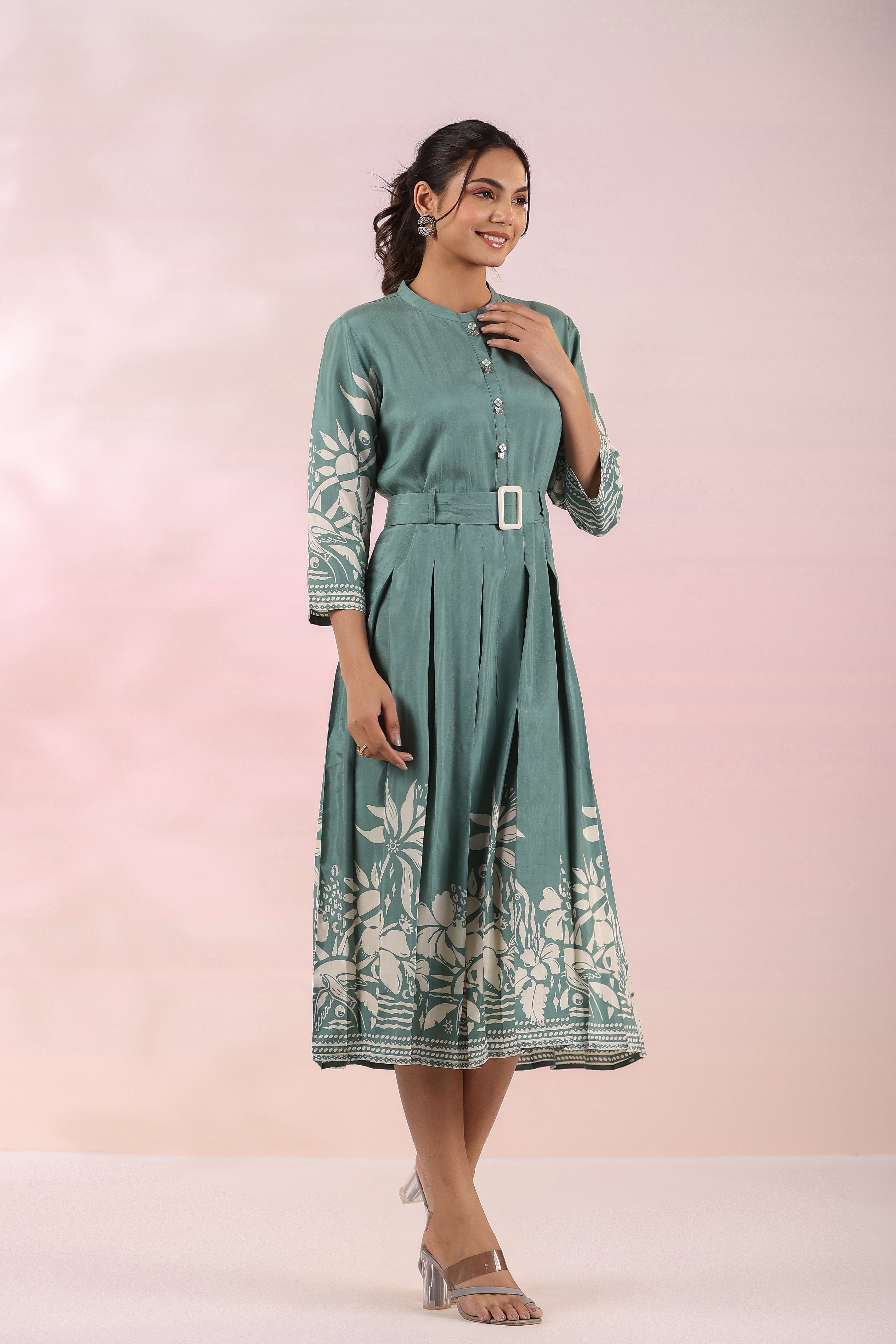 Sage Green Russian Silk Floral  Printed Midi Dress