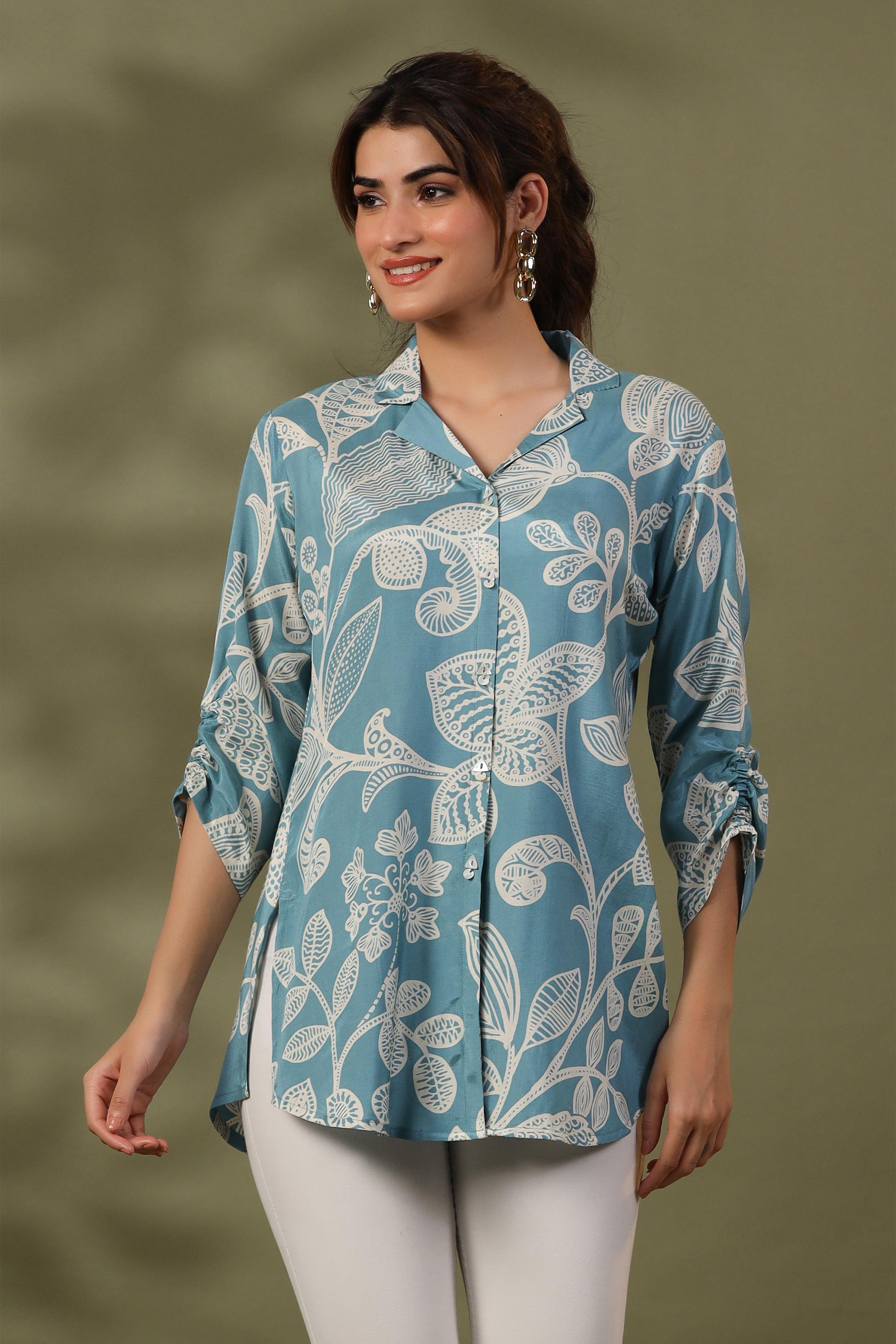 Light Blue Floral Print  Russian Silk Tunic