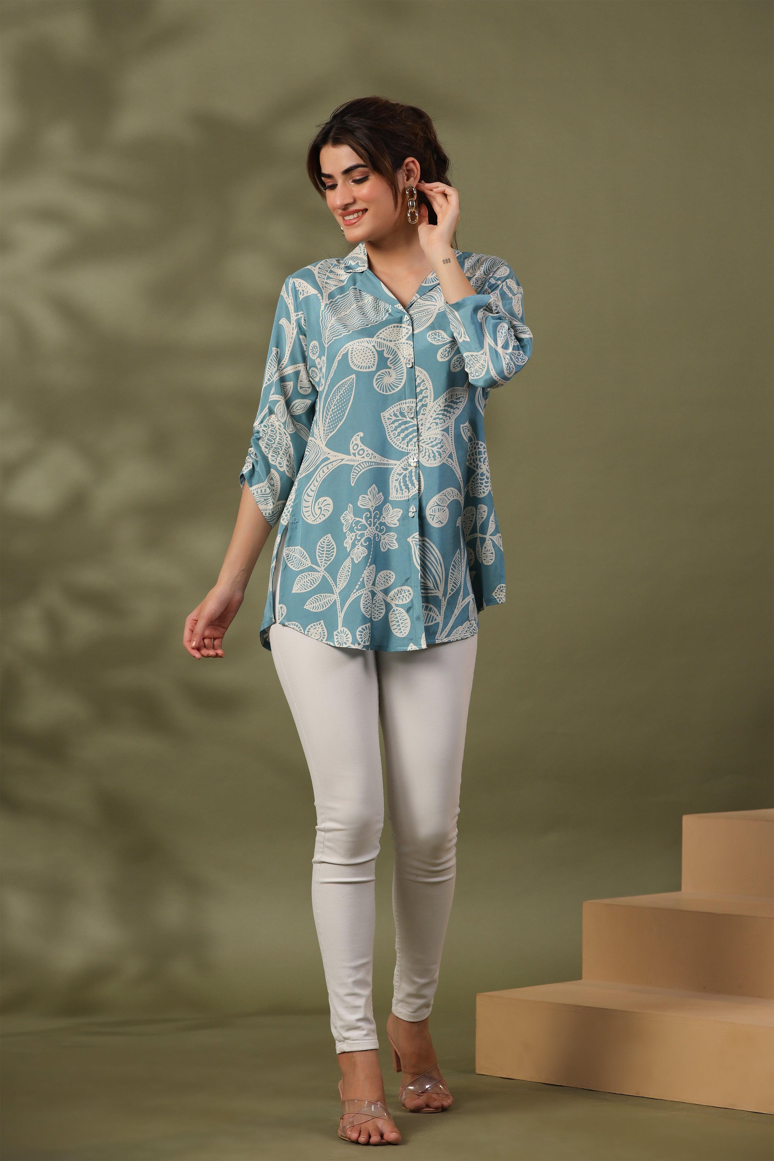 Light Blue Floral Print  Russian Silk Tunic