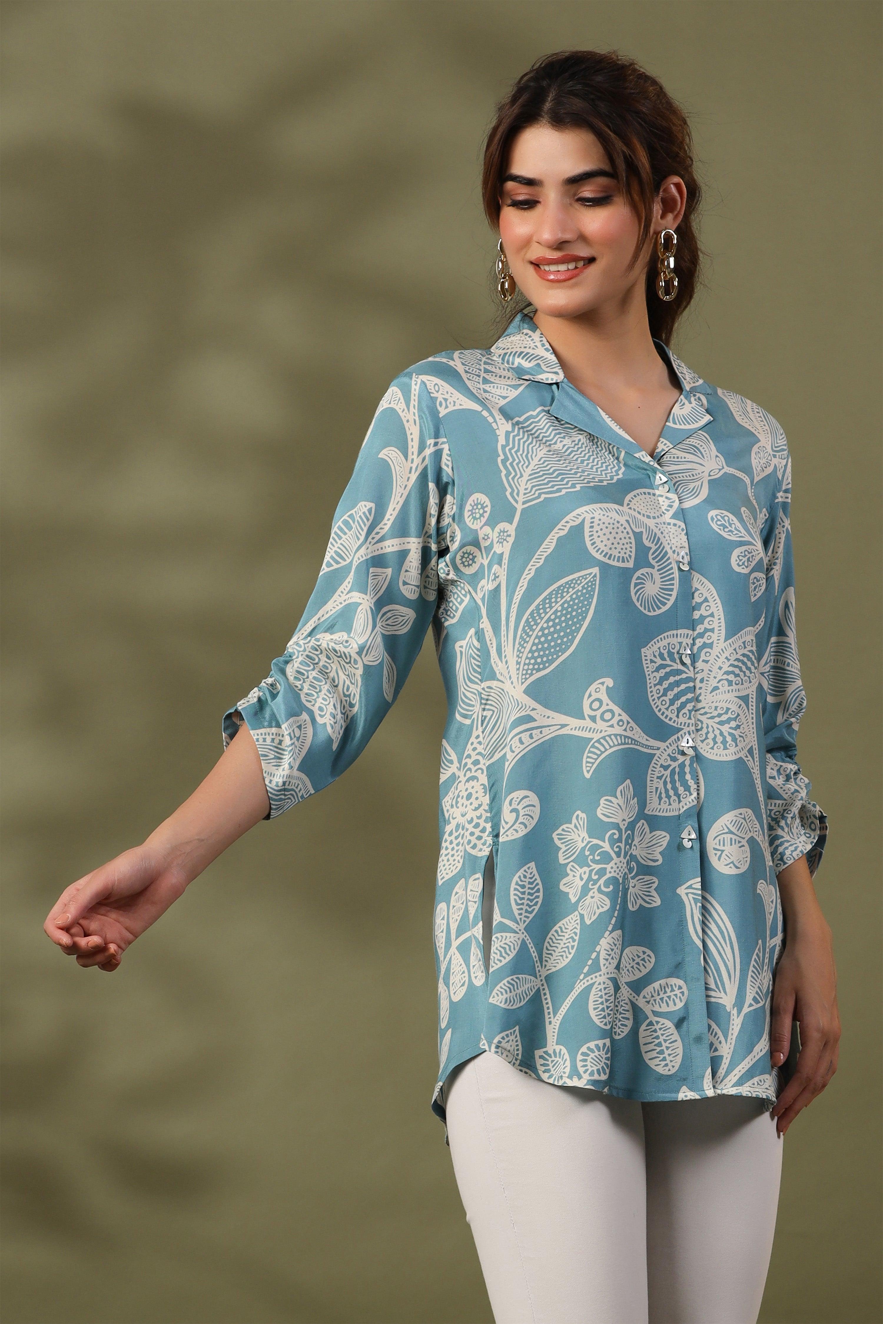 Light Blue Floral Print  Russian Silk Tunic